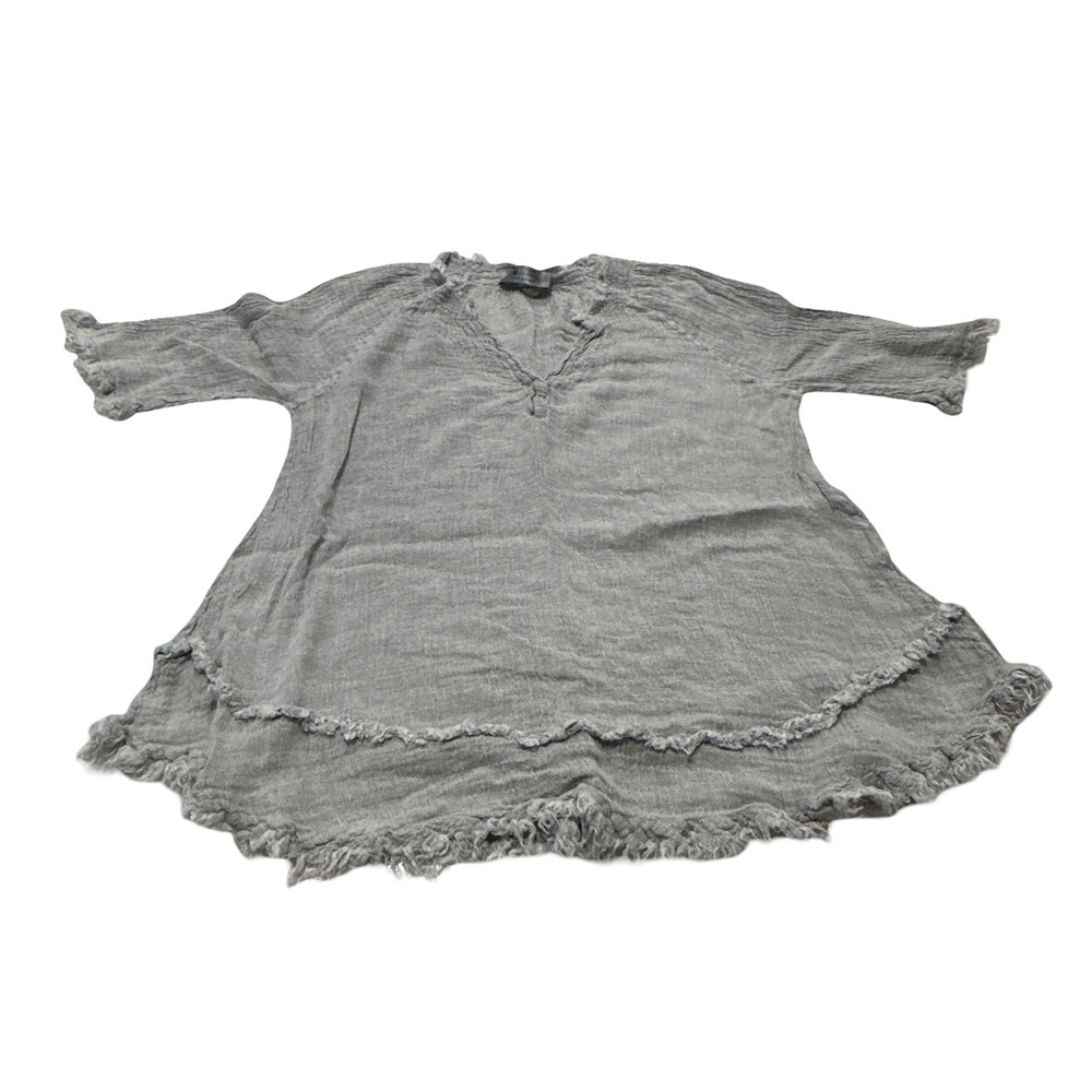 Tina Stephens Zariah Crinkle Linen Top Gray One Size Italy Raw Hem Tunic